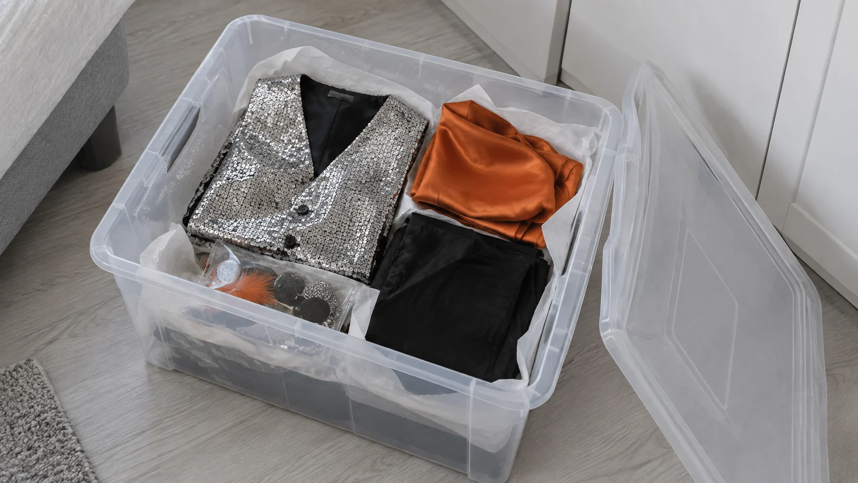 Transparante opbergbox met zilveren carnavalsvest, oranje sjaal en beschermend zijdepapier