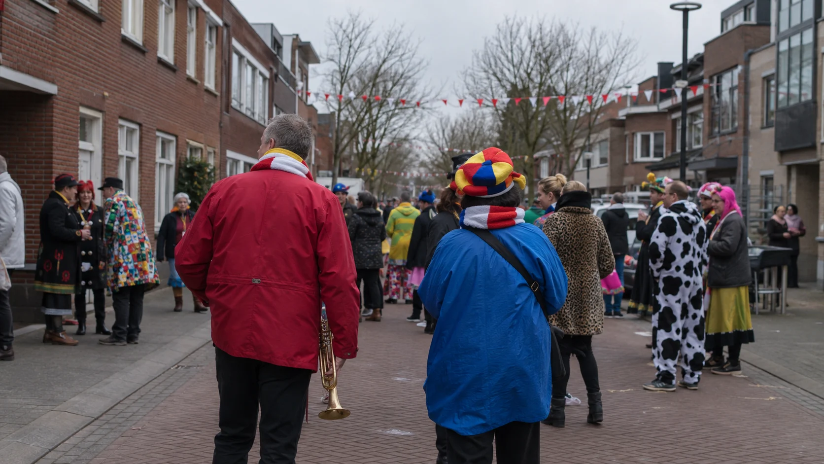 Carnavalsvierders en een muzikant in een Brabantse straat op een bewolkte winterdag