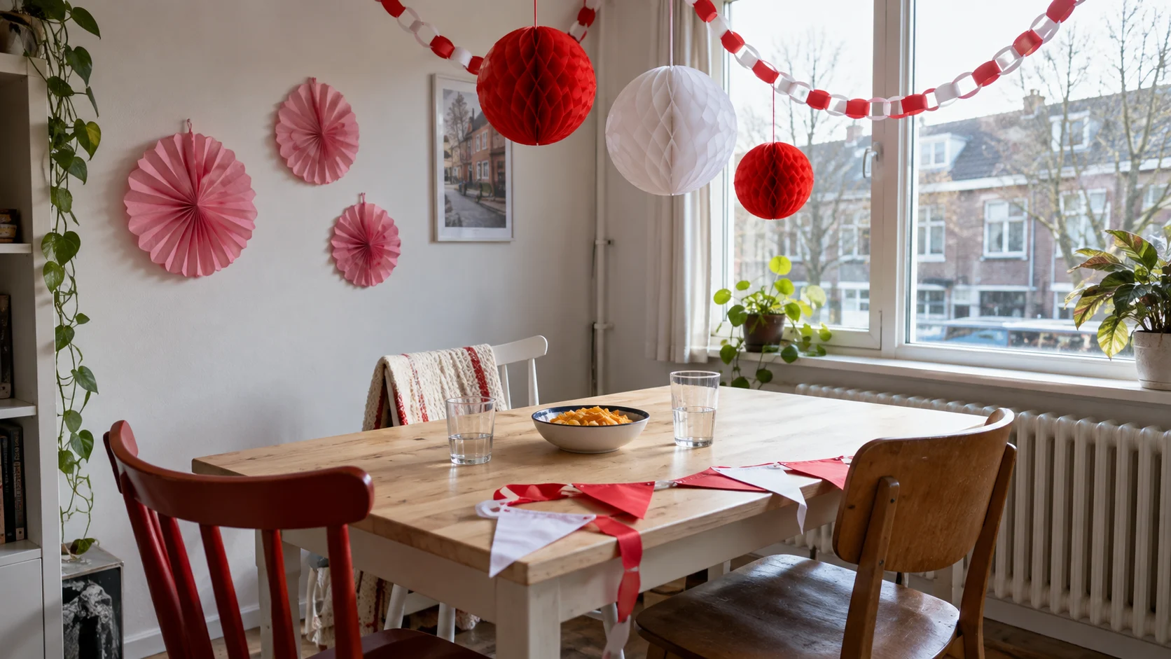 Rood-witte papieren feestversiering bij een raam en een eenvoudige eettafel