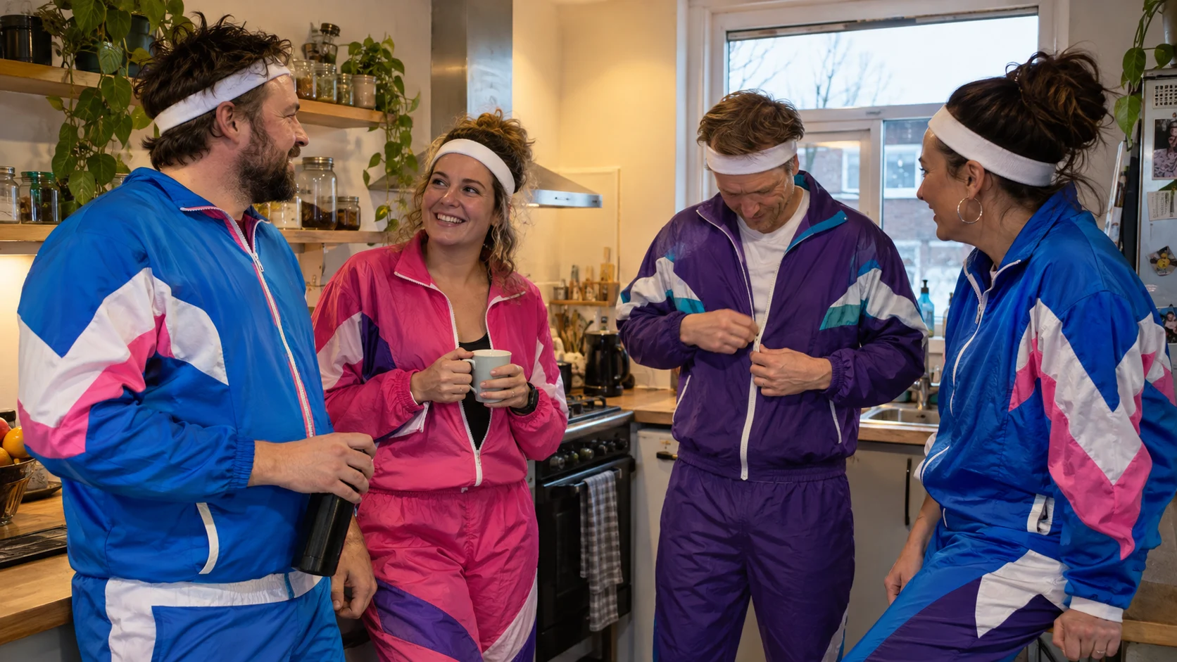 Vier vrienden in verschillende kleurrijke retro-trainingspakken bereiden zich samen voor op carnaval